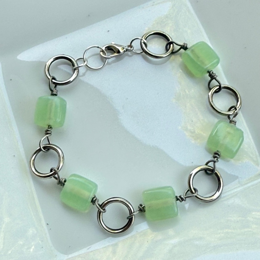 Hand Crafted Green Squares & Silver Loops Wire Wrapped 7.5 inch Bracelet